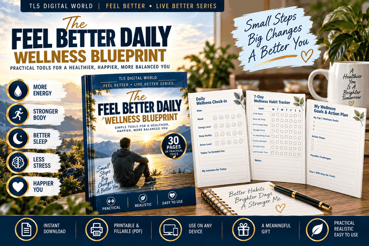 Feel Better Daily Wellness Blueprint printable 30-page wellness workbook with habit trackers and goal planning
