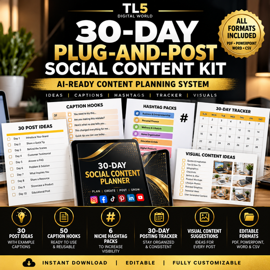 30-Day Plug-and-Post Social Kit (AI-Ready) + Hashtag Packs + Tracker
