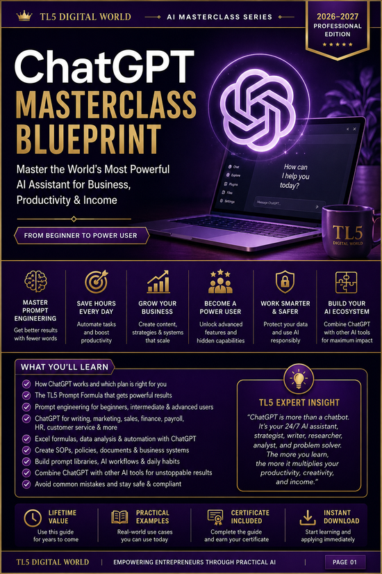 ChatGPT Masterclass Blueprint | 34-Page Premium AI Workbook & Prompt Guide