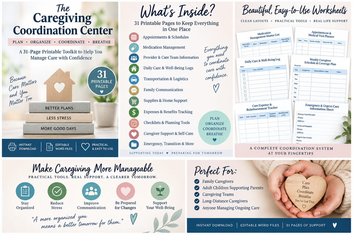 Caregiver Planner with medication, appointment and daily care tracking worksheets