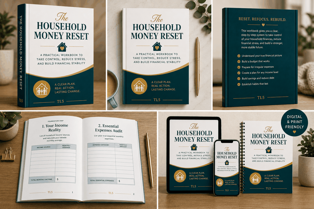 Debt tracker and spending reset workbook for household financial planningHousehold budget planner for organizing income, expenses and monthly bills