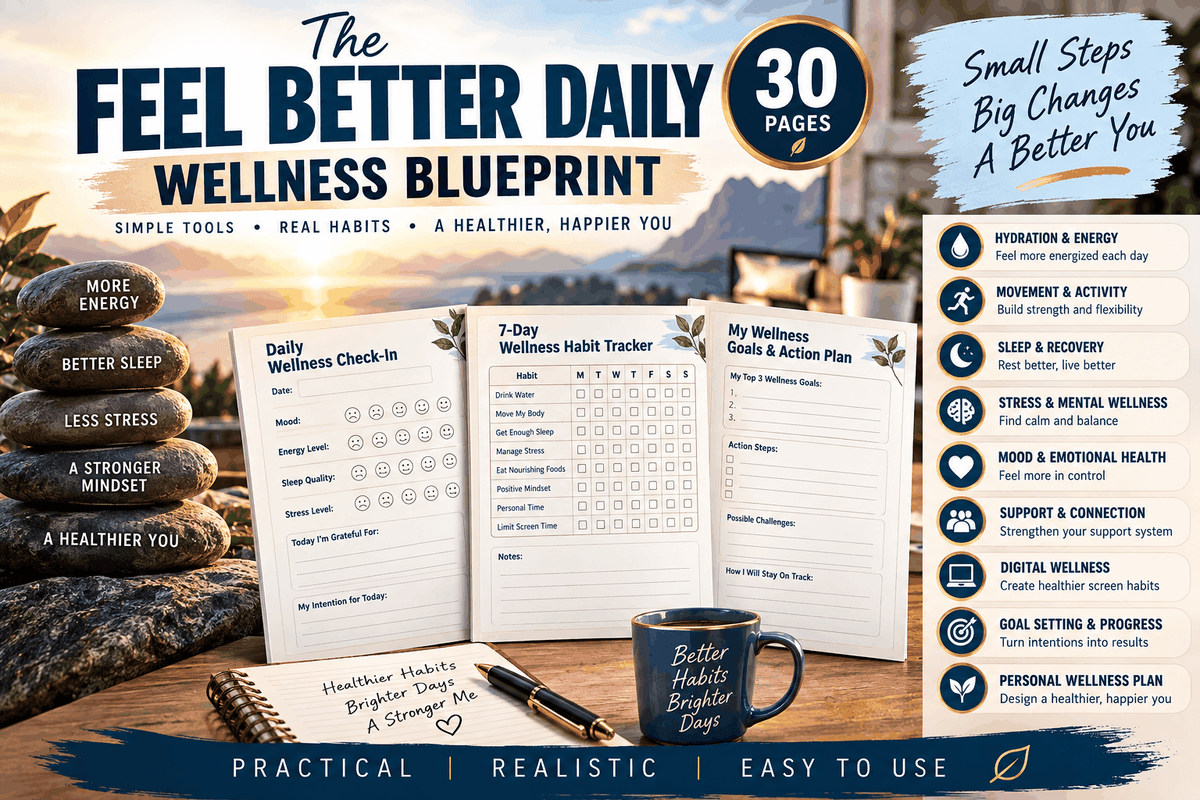 30-page digital wellness workbook for healthy habits, hydration, movement, sleep and stress management