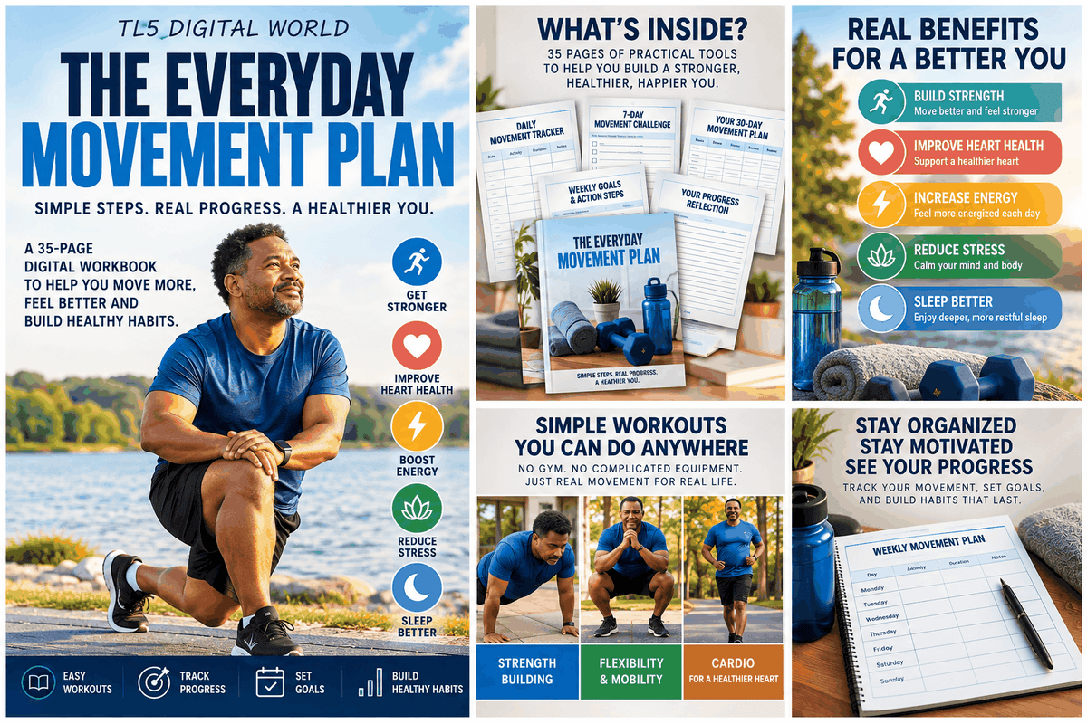 35-page Everyday Movement Plan with simple workouts, strength training, mobility exercises and progress tracking