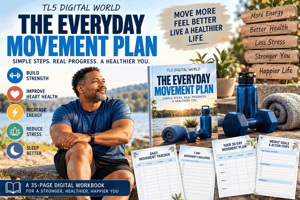 Everyday Movement Plan fitness workbook with strength, mobility, cardio and healthy habit planning tools