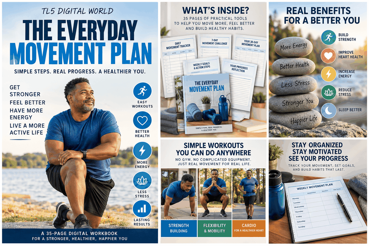 The Everyday Movement Plan digital workbook with movement trackers, weekly goals, strength exercises and mobility tools