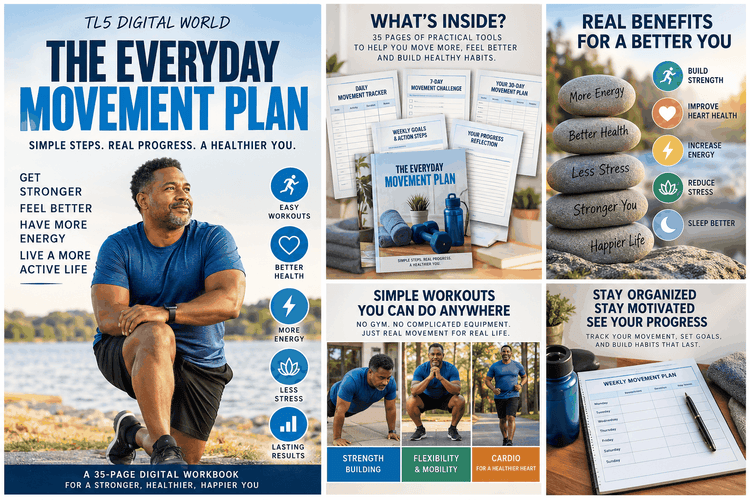 The Everyday Movement Plan digital workbook with movement trackers, weekly goals, strength exercises and mobility tools