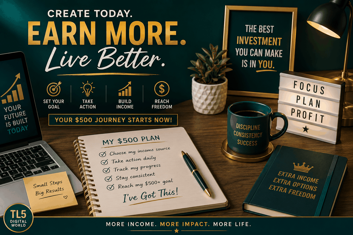 Extra $500 a Month digital workbook with weekly action planner and income tracking sheets