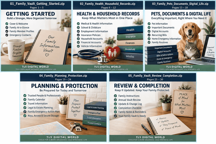Family Information Vault digital organizer cover for organizing household and emergency information