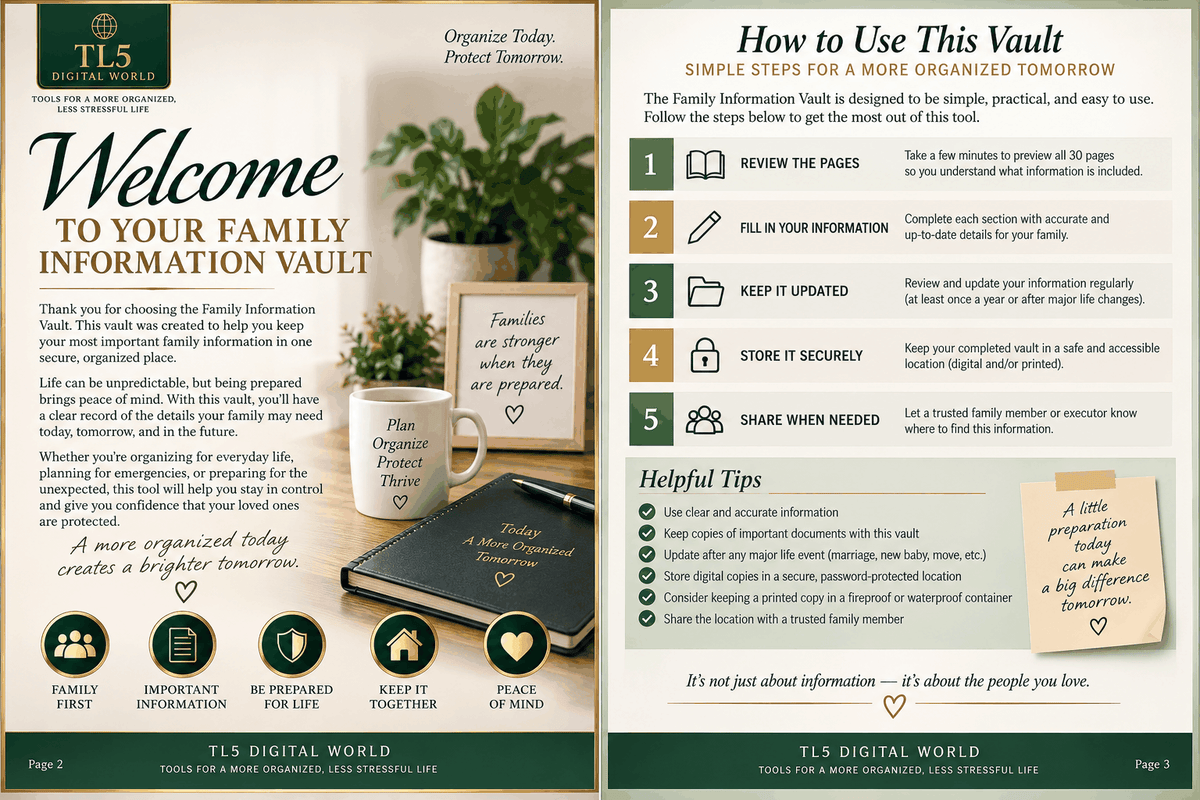 Family Information Vault medical, health, and emergency contact organizer pages