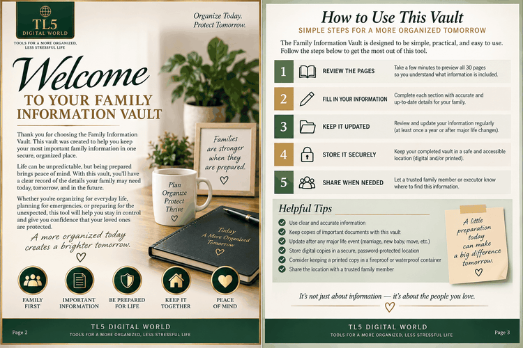 Family Information Vault medical, health, and emergency contact organizer pages