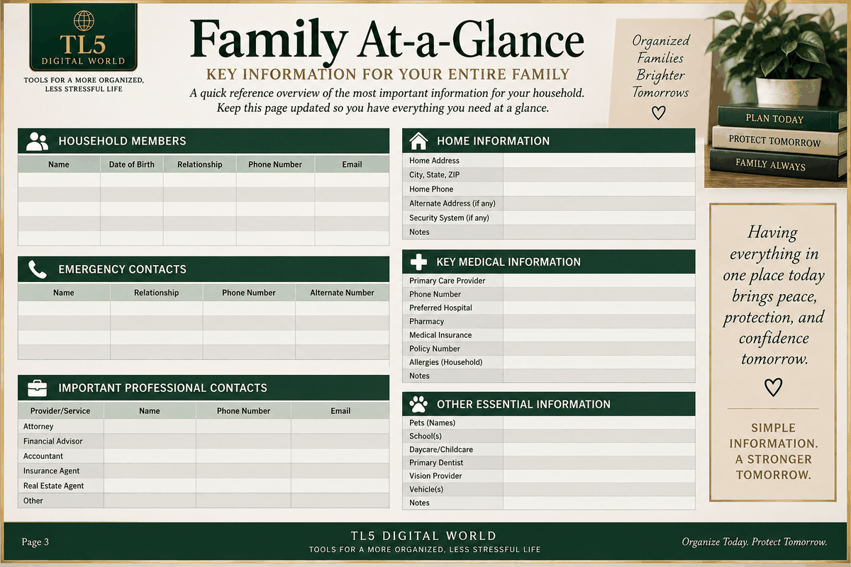Family Information Vault financial accounts, insurance, and household bills organizer pages