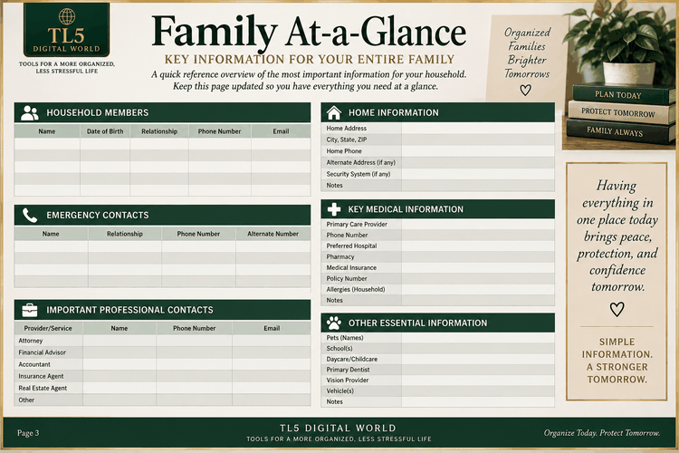 Family Information Vault financial accounts, insurance, and household bills organizer pages