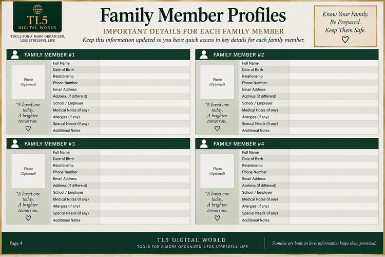 Family Information Vault important documents, digital accounts, and annual review pages