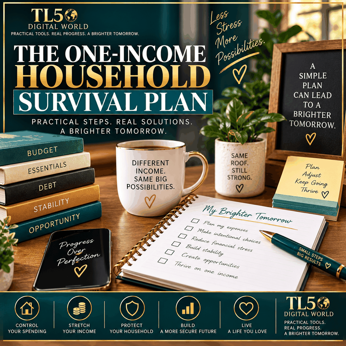 Financial survival workbook with income gap calculator and savings plan