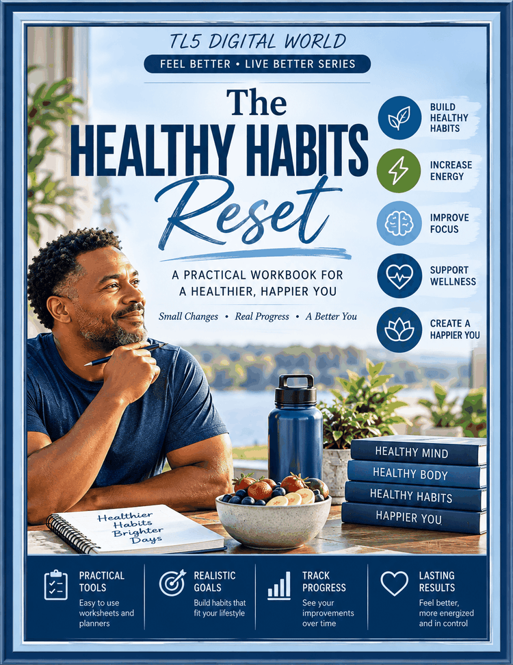Healthy Habits Reset digital workbook with habit tracking and wellness planning pages