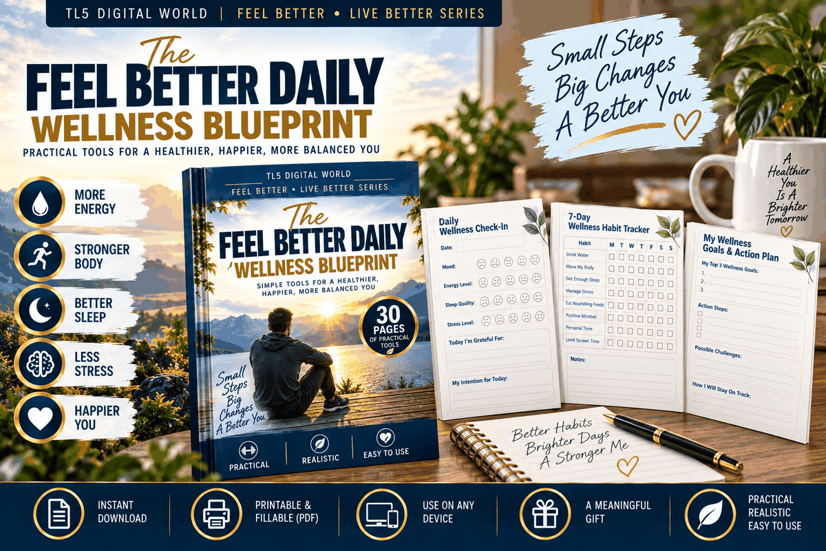 Feel Better Daily Wellness Blueprint printable 30-page wellness workbook with habit trackers and goal planning