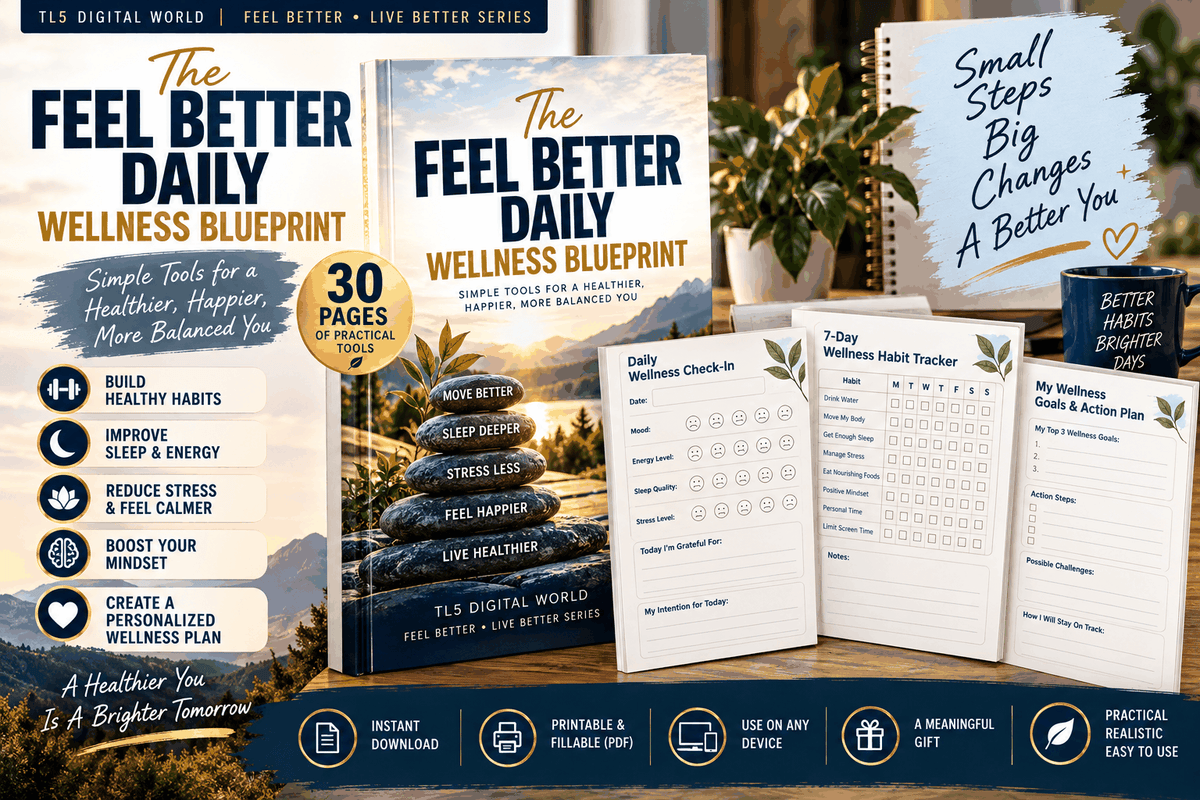 Feel Better Daily Wellness Blueprint 30-page digital wellness planner and self-care workbook cover