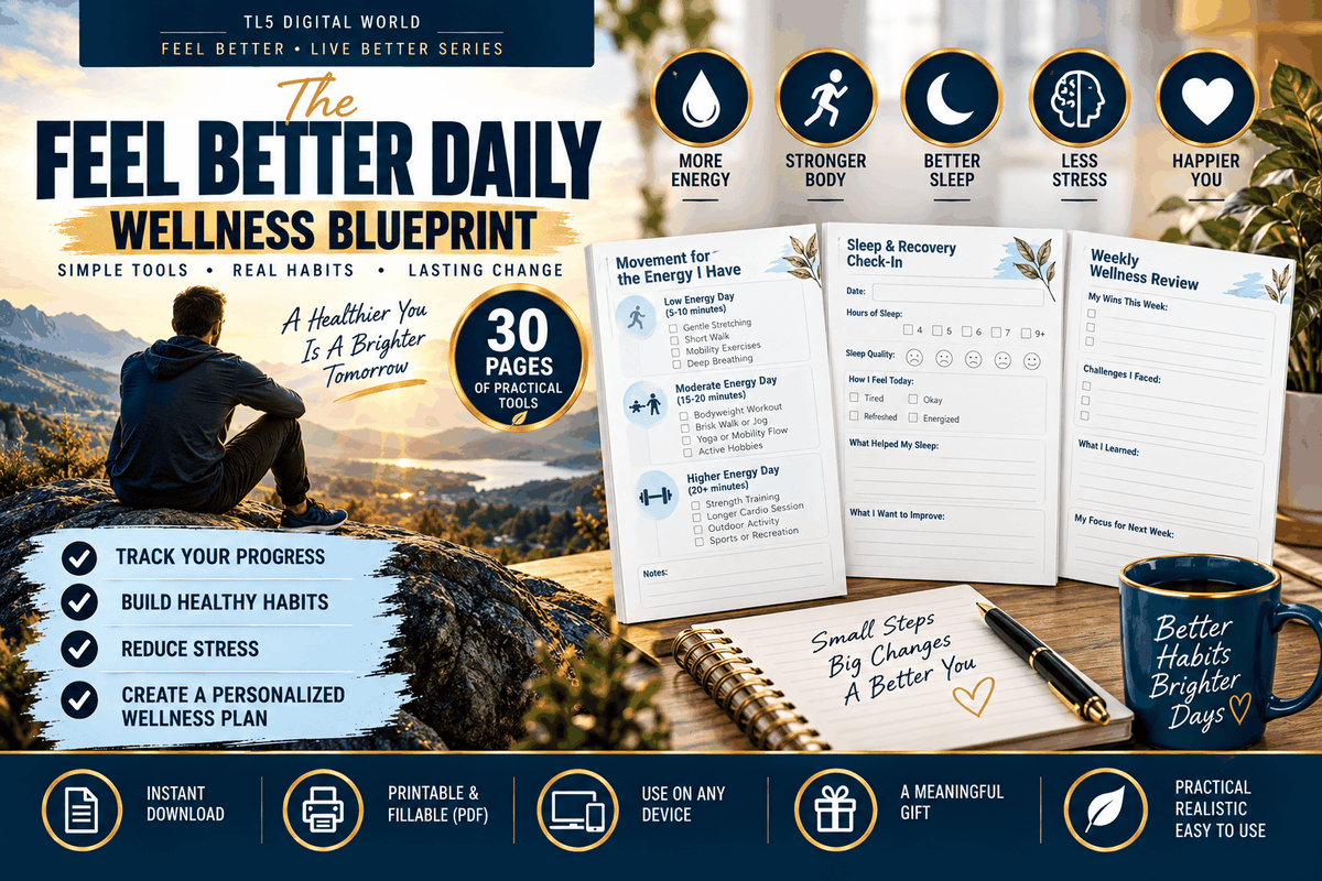 Digital wellness planner featuring movement, sleep, stress, mood and healthy habit tracking worksheets